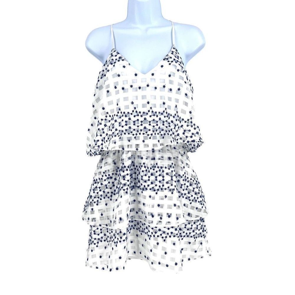 Boutique Devlin White Dress with Blue Embroidered Flowers Small tiered dress ruf
